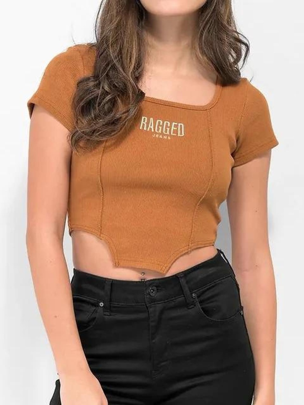 Women's Ragged Rust Ribbed Scoop Crop Top